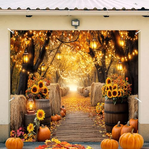 Fall Photo Garage Door Cover Decorations, Autumn Forest Scenery Maple Leaves Pumpkins Sunflowers Farm Harvest Thanksgiving Day Friendsgiving Party Outdoor Wall Patio Yard Decor Banner 8X7FT - color: Orange, size: 8X7FT