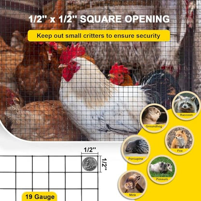 Black Hardware Cloth 4'' x 20' PVC Steel Vinyl Coated 1/2inch Galvanized Wire Mesh Roll（19GA) Chicken Wire Fence Roll, for coop Fences,Screen mesh, Rabbit/Snake Fences, Poultry enclosures, etc. - color: 19(GA)-1/2inch, size: 4In x 20Ft