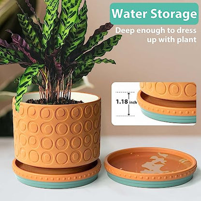 Plant Saucers, 8" Plant Trays to Catch Water, 2 Pcs, Premium Terracotta | Glazed turquoise and terracotta ceramic Flower Pot Saucers fit pots up to 7", catches excess water. - color: Turquoise/Terracotta