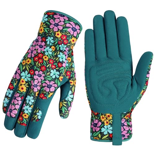 Gardening Gloves for Women, Breathable Leather Garden Gloves,Gardening Gift | Gardening Gift for Lady, Thorn-Proof Puncture-Resistant Work Gloves for Weeding, Digging, Planting Yard Farm and Outdoor Work - color: Green - Purple Flower