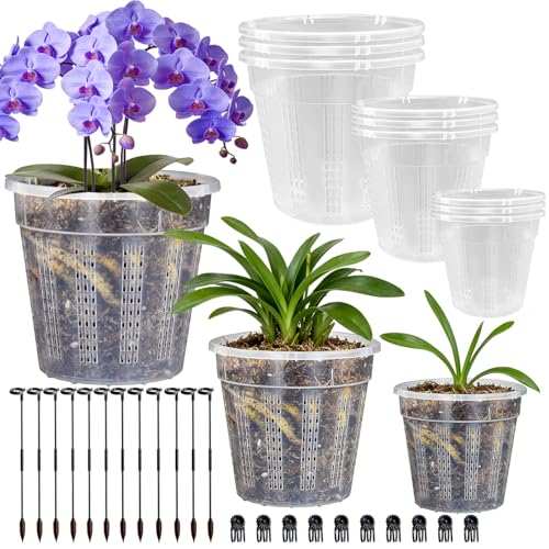 Orchid Pots, 9 Pack Orchid Pots with Holes and 12Pcs Plant Stakes, 3 Each of 4.3",5.5",6.1" Clear Plastic Plant Pot for Indoor Outdoor Plants(3 Each of 4.3",5.5",6.1") - style: 3 Each of 4.3", 5.5", 6.1"
