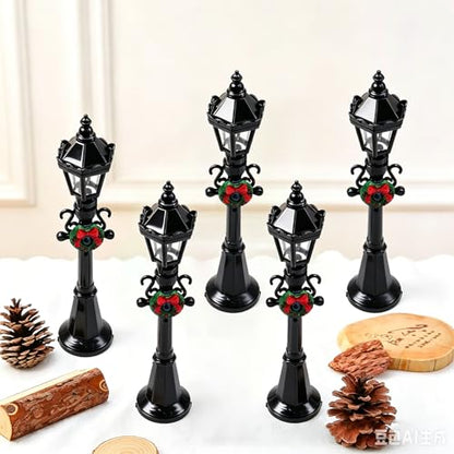 10 Pcs Black 12CM with Floral Wreath Miniature Street Lamp Mini Street Light Models Miniature Village Pathway Lantern Post for DIY Micro Landscape Fairy Garden Accessories