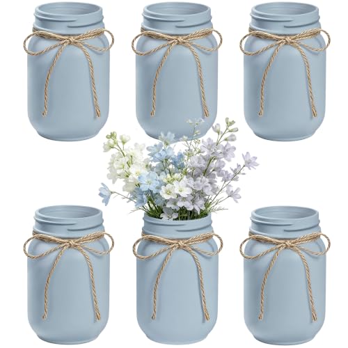 6Pcs Blue Mason Jar Glass Flower Vases for Centerpieces | Farmhouse Rustic Decorative Vases with Twine, Wedding & Home Table Decor, Multi-Purpose Vase Bulk, Floral Arrangements - color: Blue