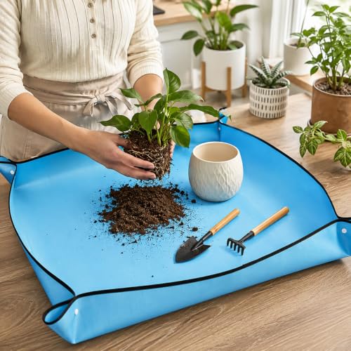 Waterproof Plant Repotting Mat for Indoor Gardening, Foldable Potting Mat,19.7" x 19.7" Square Transplanting Pad with Copper Buckles for Mess Control,Blue - color: Blue, size: 19.7"x19.7"