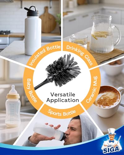 MR.SIGA Water Bottle Brush, Long Handle Bottle Brush for Sports Bottles | bottle brushes for cleaning, drinking glasses brush with bamboo handle, 5.7 cm(2.2 inch) wide brush head, 2 pack - color: Black