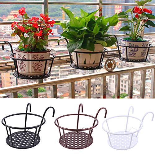 Hanging Railing Planters Baskets Art Hanging Flower Stands Balcony Flower Pot Holders Plant Iron Racks Fence Metal Potted Stand Mounted Balcony Round Plant Basket Shelf Container Box,Garden Steel Pots - color: Bronze-full Bottom