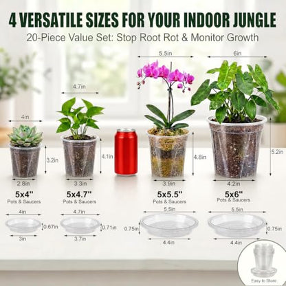 Root-Safe Clear Plant Pots for Indoor: Zero Transplant Shock for Orchids | 1K-Squeeze No-Crack, 360° View Stops Root Rot - Thickened Plastic with Drainage & Saucers (4-6" 20 Pack)
