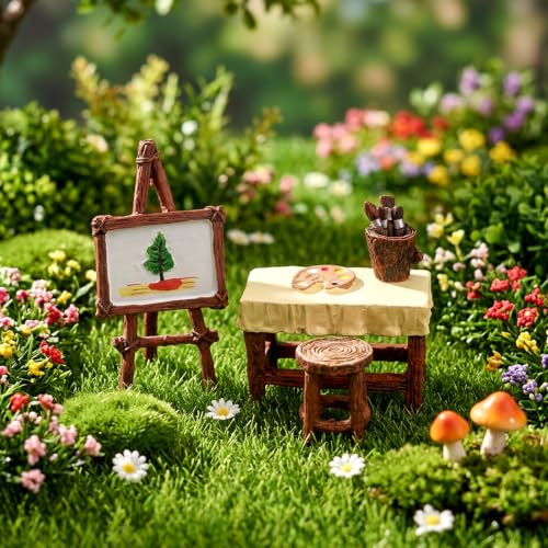 4PCS Fairy Garden Accessories Outdoor Mini Easel Table Chairs Set | Fairy Garden Decor, Fairy House Accessories Fairy Garden Furniture Bench Ornaments for Dollhouse Home Micro Landscape Decor