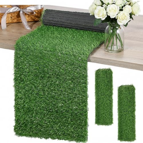 Tudomro 2 Pcs Artificial Grass Table Runner 12 x 36 Inch Faux Grass Placemats Green Moss Synthetic Turf Table Runner for Wedding Baby Shower Golf Football Garden Birthday Party Tabletop Decor(Classic) - style: Classic