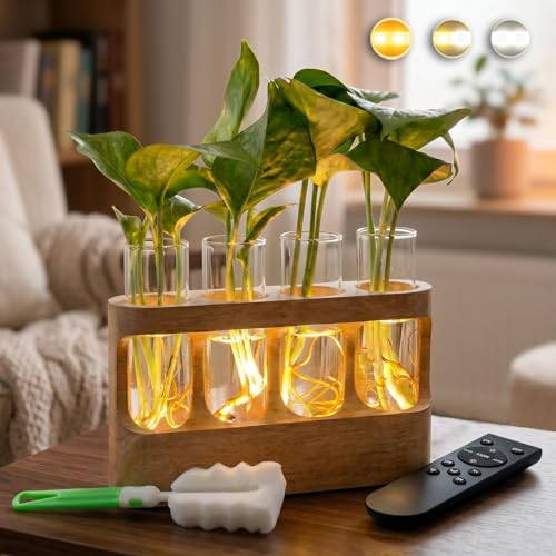 Plant Propagation Station with LED Grow Light, Rechargeable Wooden Desktop Planter Terrarium with 4 Glass Test Tubes, Remote Control 3 Color Temperatures & Dimmable, for Home Office Decor