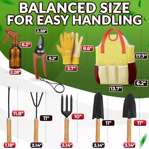 10 Pcs Gardening Tool Set for Women, Rust-Resistant Steel, Tote Bag | Garden Tools Set for Plant Care, Digging, Planting & Potting; Ergonomic Handles, Gloves & Spray Bottle; Gift for Plant Lovers - color: Yellow Set of 10