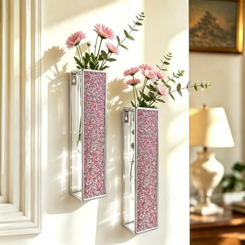 2 Pack Wall Vase with Tubes Hanging Crystal Flower Plants Vase Wall Mount Metal Frame Vases Hydroponic Glass Bud Vase Decor for Home Wedding Farmhouse - color: Sliver-crys Pink