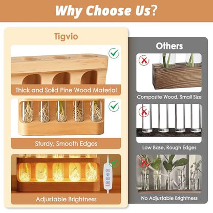 Tigvio Plant Propagation Station with 9-Level Dimmable LED Light | 5 Glass Test Tube Vases, Wooden Stand for Hydroponic Plants, Gardening Gift for Women & Plant Lovers & Home Decor