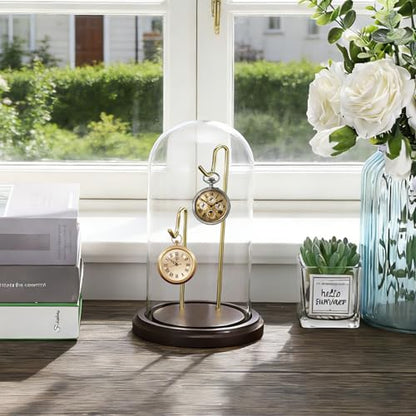 JUXYES Clear Glass Pocket Watch Display Dome Case with Base, 4x8 Inches | Clear Glass, Dust Proof, Bell Terrarium Jar with 2 Golden Hanging Hook, For Pocket Watch Collectors and Antique Enthusiasts - color: Gold/Dark Red