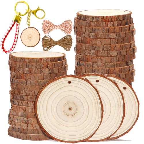 SENMUT Wood Slices 3.5-4.0 inch Natural Rounds Unfinished Wooden Circles - size: 30PCS(3.5"-4.0"）with Hole