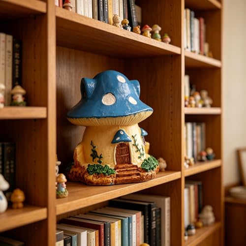 Mushroom House Miniature Ornament, Resin Villa Decor for Micro Landscape and Home Display Blue