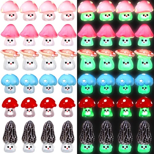 96 Luminous Glow in The Dark Mini Mushrooms Bulk Tiny Resin Mushroom Figurines Cute Miniature Crafts for DIY Fairy Terrarium Landscape Statue Garden Micro Dollhouse Aquarium Decoration(Vivd) - style: Vivd