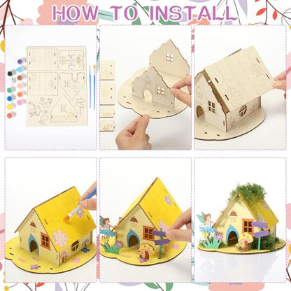 DoubleFill 3 Sets Wooden Fairy House DIY Kit Craft - DIY Fairy Garden with Paints & Decorations - Arts Crafts & Birthday Gift for Craft Activity Party Decor (Lovely Short) - style: Lovely Short