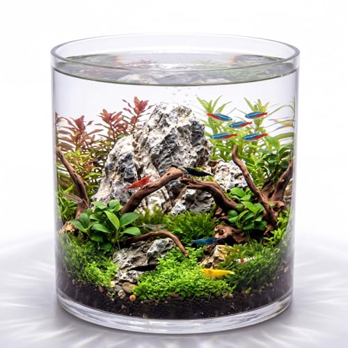 Maxdot 2.5 Gallon Cylindrical Glass Fish Tank, 360° Aquarium for Betta | Easy Maintain Shrimp Snails Microfauna, Solid Base Desktop Starter, Full View Design with Aquatic Planting Terrarium - size: 2.5 Gallon
