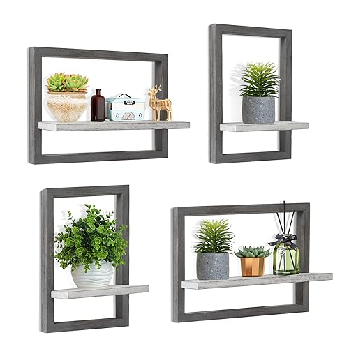 Floating Shelves for Wall Set of 4 Decorative Hanging Shelf | Square Wood Floating Shelf for Plant, Square Shelves Wall Mounted Bathroom, Bedroom, Living Room, Decor, 15 Inch Rustic Grey - color: Grey