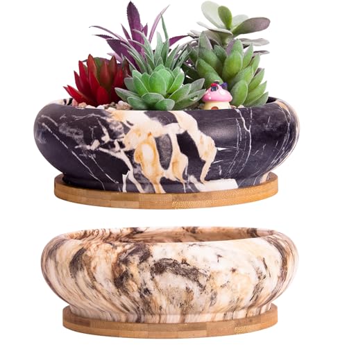 ARTKETTY Succulent Pots, 7.3 Inch Ceramic Bonsai Pots with Trays Set of 2 | Large Plant Pots with Drainage Shallow Planters for Indoor Plants Marble Cactus Flower Plant Container Bowl - color: Black & Brown