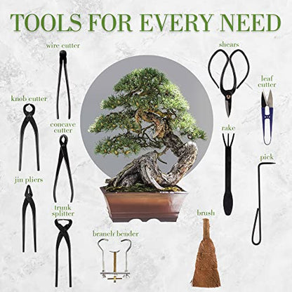 BambooMN 15 Piece Bonsai Master Tools Set with Case, Shears, Concave Cutter, Knob Cutter, Wire Cutter, Bonsai Trimming, Branch Bending, Beginner Friendly - 1 Set - color: 15-Piece Bonsai Set