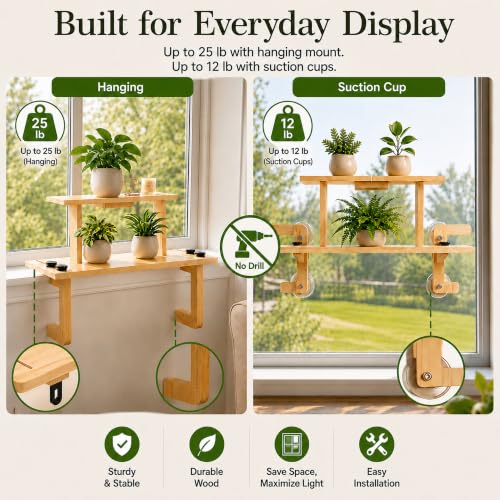 2-Tier Plant Display Shelf, Window Plant Shelves & Window Shelf for Plants