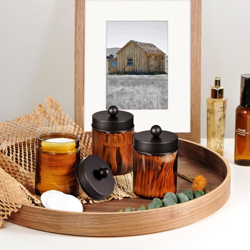 Amber Glass Qtip Holder, Apothecary Jars with brown Metal Lid & Stickers - color: Jar Amber/Lid Bronze