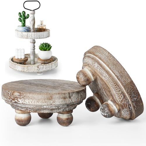 Yalikop Set of 2 Mini Wood Risers for Decor Round Wooden Riser Small Wooden Stool Display Stand Farmhouse Rustic Wood Pedestal for Plant Pot Tiered Tray Decor Cake Food Collection Display(Brown)
