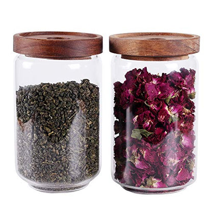 LEAVES AND TREES Y Glass Tea Canister, 25 FL OZ/ 750ml Bulk Food Storage Jar with Airtight Acacia Lid, Glass Food Container for Loose Leaf Tea, Coffee Bean(6 inch high) - color: Clear Glass - Acacia Lid