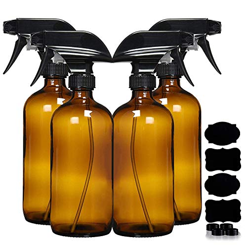 Homeries Amber Glass Spray Bottles For Cleaning Solutions (4 Pack) - 16 Ounce, Refillable Sprayer for Essential Oil, Water, Kitchen, Hair. Durable Black Trigger Sprayer w/Mist and Stream Settings - color: Amber
