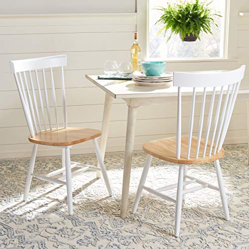 SAFAVIEH Home Collection Parker Farmhouse White/Natural Windsor Spindle Solid Wood Dining Chair Set of 2 - color: White / Natural