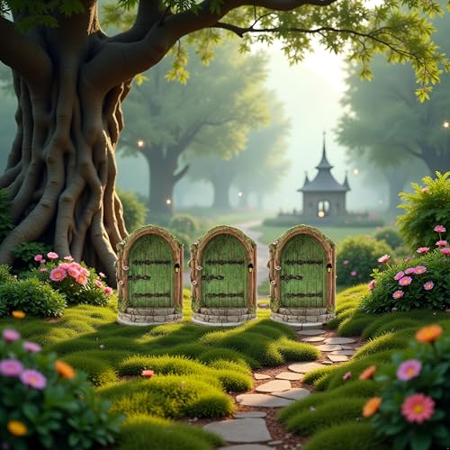 JJLFresheners 3Pcs Green Fairy Door Wooden Miniature Fairy Garden Doors Outdoor Mini Gnome House Accessories for Tree Trunk Ornaments Miniatures, Garden Sculptures and Statues, Fairy Door