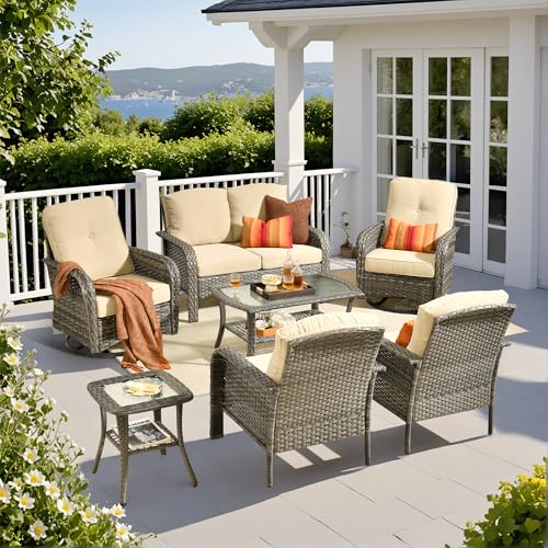 7 Piece Wicker Patio Furniture Set with Swivel Chairs,Beige - color: Beige, size: 7 Pcs Patio Set