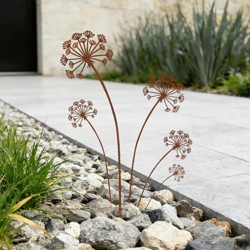 KODIBO 5-Pack Metal Yard Stakes, Rustic Dandelion Outdoor Yard Art Decor | Weather-Resistant Metal, Antique Rust Finish, Dandelion Design, For Lawn Border Planters Patio Lawn & Front Yard Landscaping - color: Rusty Dandelion: 5-pack