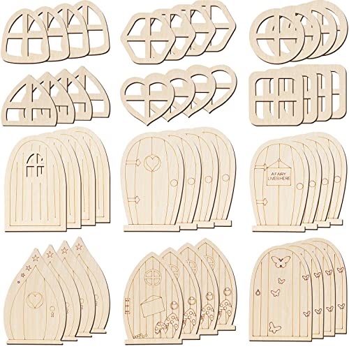 Yulejo 48 Pcs Fairy Door Wooden Garden Doors Craft Mini Window Fairy House DIY Kit Unfinished Miniature Door Unpainted Fairy Window Accessories for Wall Home Party Decoration (Delicate Style)