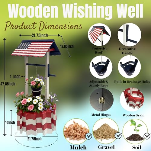 NestNature Large Americana Wooden Wishing Well Planter with Solar Lights - color: Patriotic Color&light, size: 21.75"x21.75"x47.85"