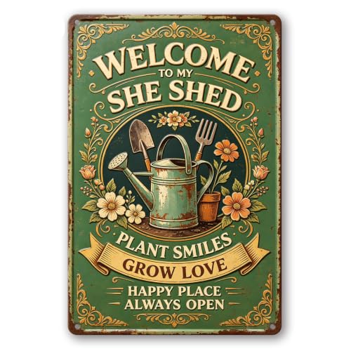 Vintage Garden Metal Signs, Funny Outdoor Wall Decor 8"x12" | Weatherproof Aluminum Sign for Patio Yard Greenhouse, Gift For Gardeners, Welcome to My She Shed - color: Welcome to My She Shed 2