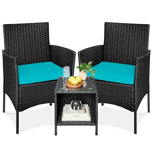 Best Choice Products 3-Piece Outdoor Wicker Conversation Bistro Set, Space Saving Patio Furniture for Garden w/Side Table - Black/Teal - color: Black/Teal