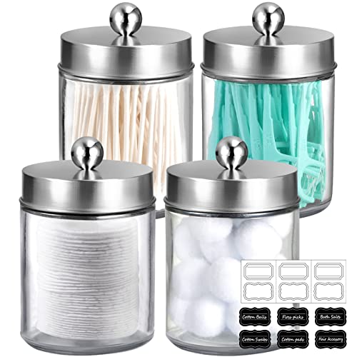 Amolliar Glass Apothecary Jar Qtip Holder Metal Lids 4pc/Brushed Nickel | Bathroom Decor Countertop Vanity Storage Organizer Set for q tip holder,Cotton Swabs/Rounds,Makeup Sponges,Cute Stickers - color: Brushed Nickel