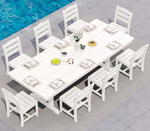 SERWALL 9Pcs 84" HDPE Outdoor Dining Set for 8 with Armless Chairs,White - color: White, size: 9-Piece (1 Table + 8 Armless Chairs)