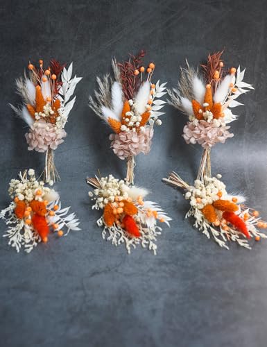xin's convey Mini Dried Flower Bouquet Set of 6, Groom's and Best Man's Boutonnieres, Dried Flower Gift Box, Boho Wedding Plate Decoration, Birthday Cake Arrangement (Terracotta) - color: Terracotta