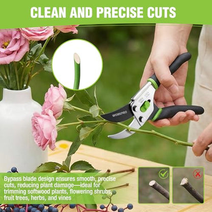 WORKPRO 8.5" Bypass Pruning Shears, Garden Shears with Non-Slip Grip Handle | Heavy Duty Garden Clippers with High Carbon Steel for Branches, Flowers, Fruits, Plants, Gardening Gifts for Women Men