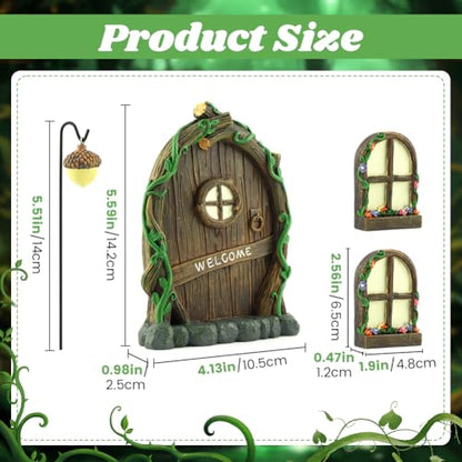 Miniature Fairy Door and Windows Garden Kit Accessories,Glow in The Dark Fairy Door Windows Yard Art Sculpture Decoration Garden Decor(Wood)