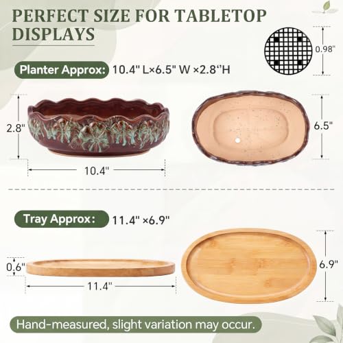 Succulent Planter Pot with Drainage Holes Large Ceramic Glazed Planter with Bamboo Wooden Tray and mesh Pads Shallow Bonsai Pot for Indoor Cactus Flower Plant(Wave-Shaped,Brown Turquoise) - color: Blue and Brown, style: Round