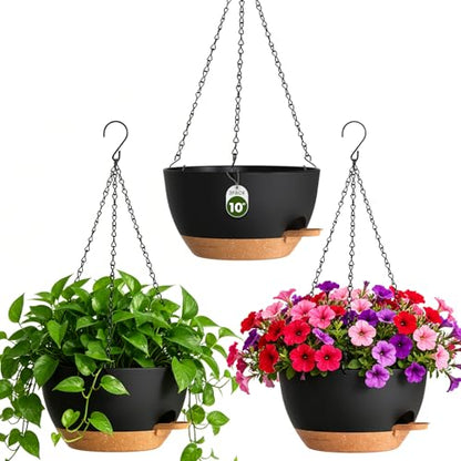 10 Inch Self-Watering Hanging Planters Set of 3 with Saucers - color: Black Brown, size: 10 Inch 3 Pack