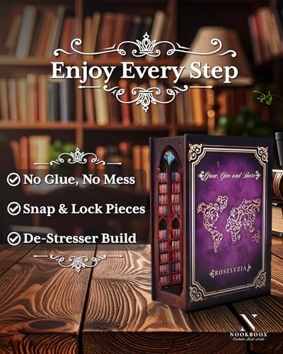 Book Nook Kit – NOOKBOOX by ROSELYZIA – DIY Miniature Dollhouse 3D Wooden Puzzle with LED Light – Bookshelf Decor Gift for Adults & Teens – Violet Purple - style: Classic Library