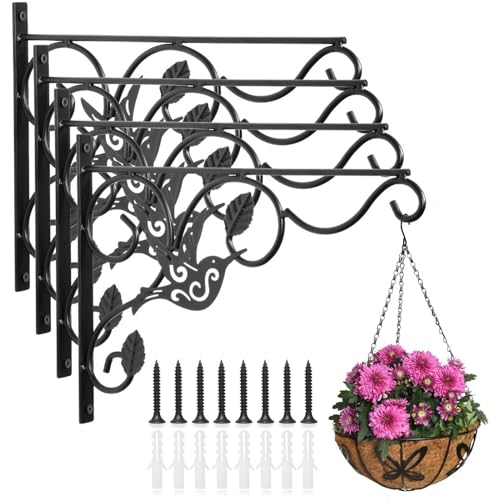 Vumdua Hanging Plants Bracket, 4 Pack 12 inch Wall Planter Hook with Iron Screws Included, Decorative Plant Hanger for Bird Feeders, Wind Chimes Indoor, Lantern, Flower Pot,Outdoor Indoor Patio Decor - color: 4 Pack, Black