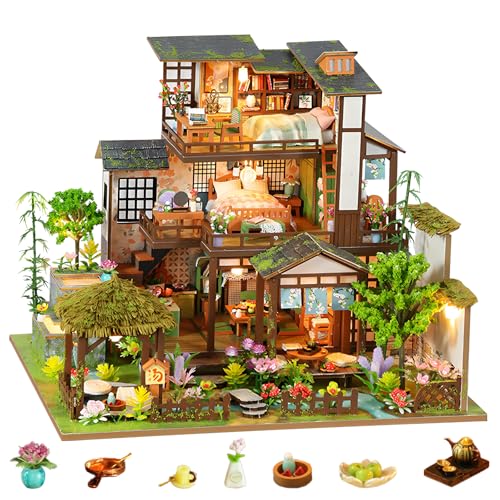 DIY Miniature House Kit, Dollhouse Kit, 3D Wooden Puzzles Bookshelf Craft Kits, Mini Doll House Building Kit for Adults Teen(Garden Cottage) - style: Garden Cottage