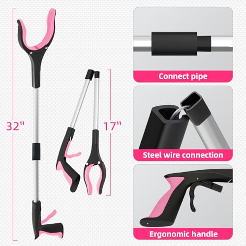 2Pcs 32" Foldable Grabber Reacher Tool for Seniors Pink - color: Pink